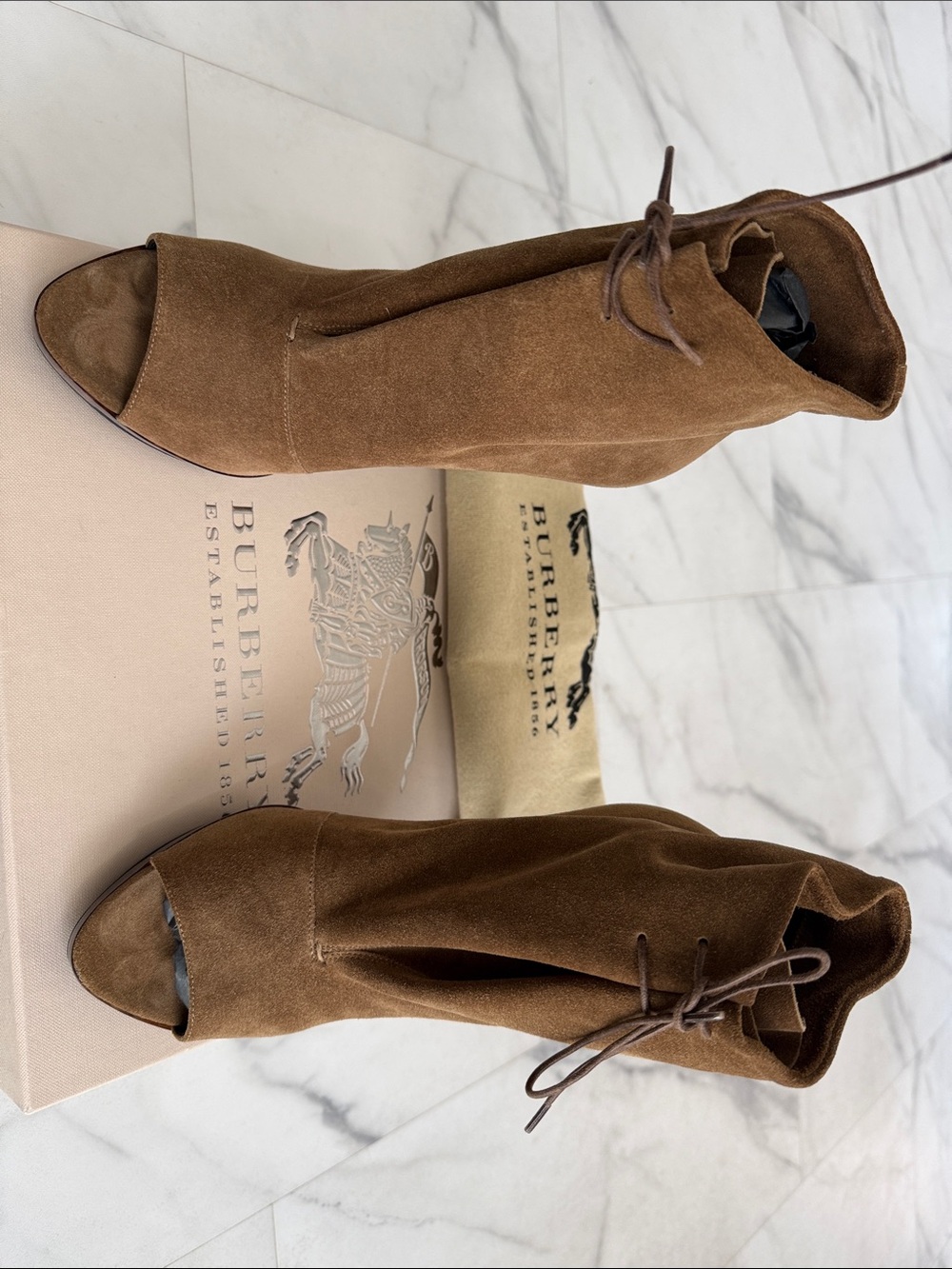 Burberry Brown Suede Peep-Toe Lace-Up Booties